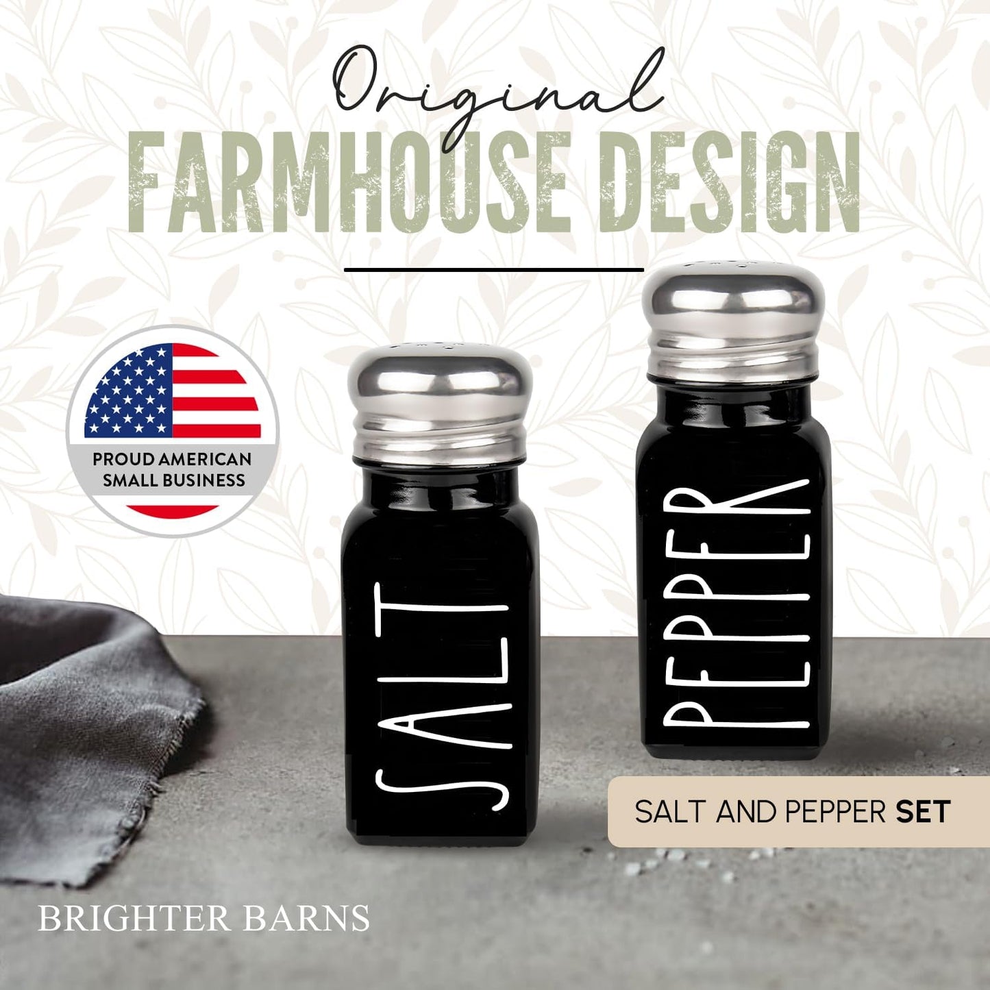 Black Salt and Pepper Shakers Set by Brighter Barns - Cute Kitchen Decor - Gothic or Halloween Kitchen Decor - Glass Shaker with Stainless Steel Lid for Home, Restaurant, Gifts (Black)