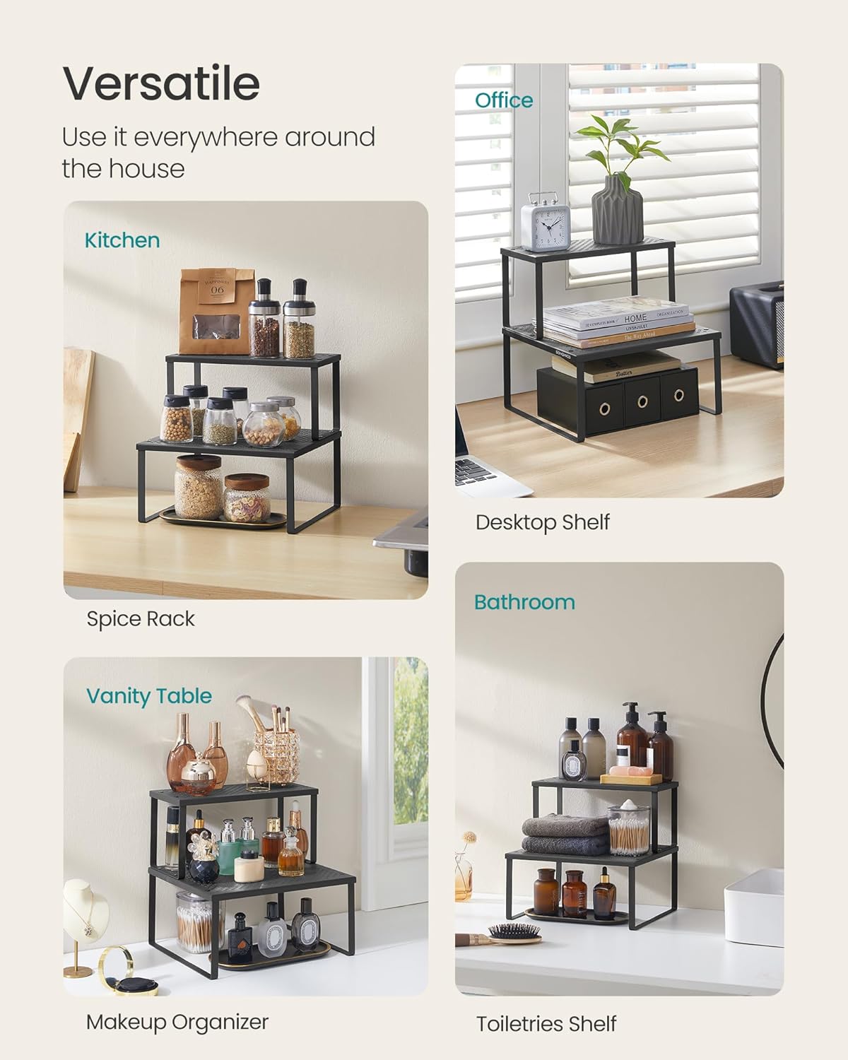 SONGMICS Spice Racks, Set of 2 Metal Cabinet Shelf Organizers, Countertop Organizers, Shelf Risers, Stackable, Expandable, Ink Black UKCS005B01