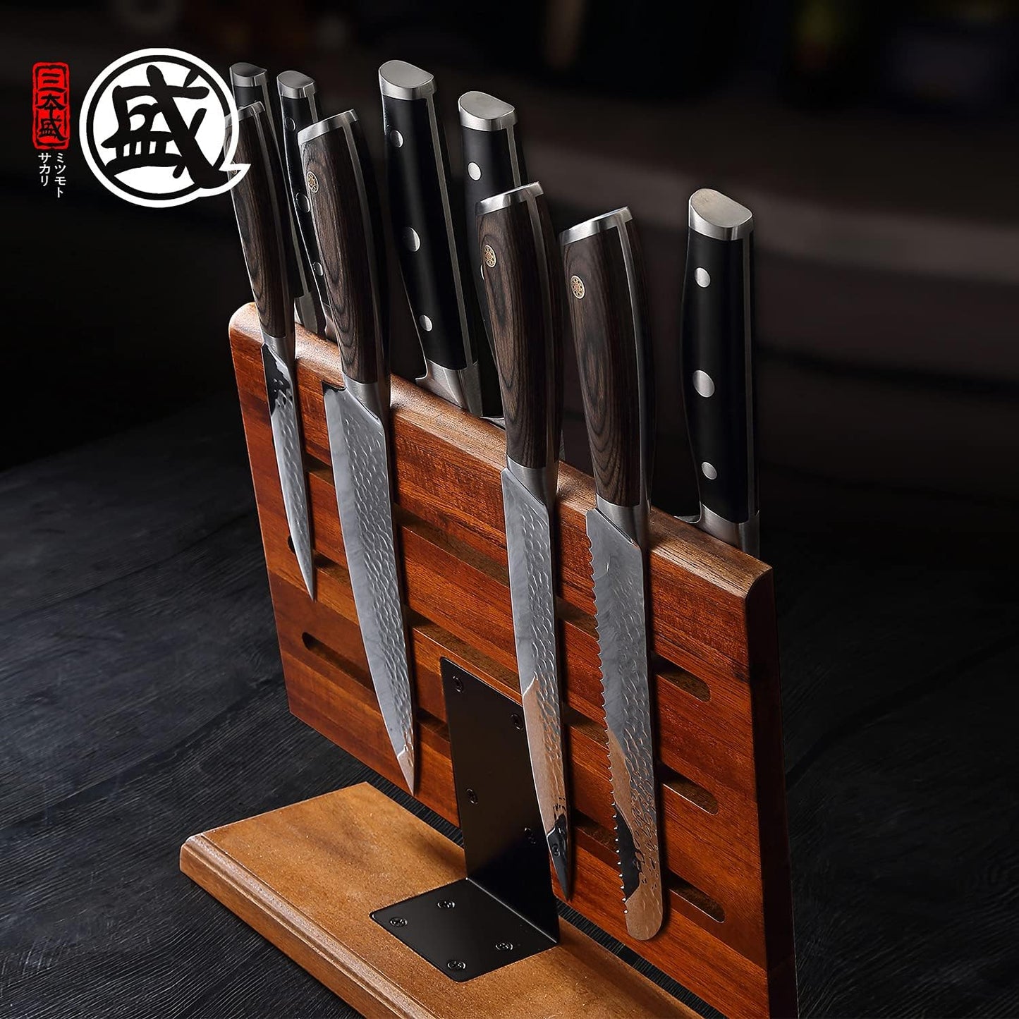 MITSUMOTO SAKARI Japanese Magnetic Knife Block, Japanese Acacia Wood Knives Holder Stand, Enhanced Double-Sided Magnetic Wooden Knife Storage for Kitchen Counter