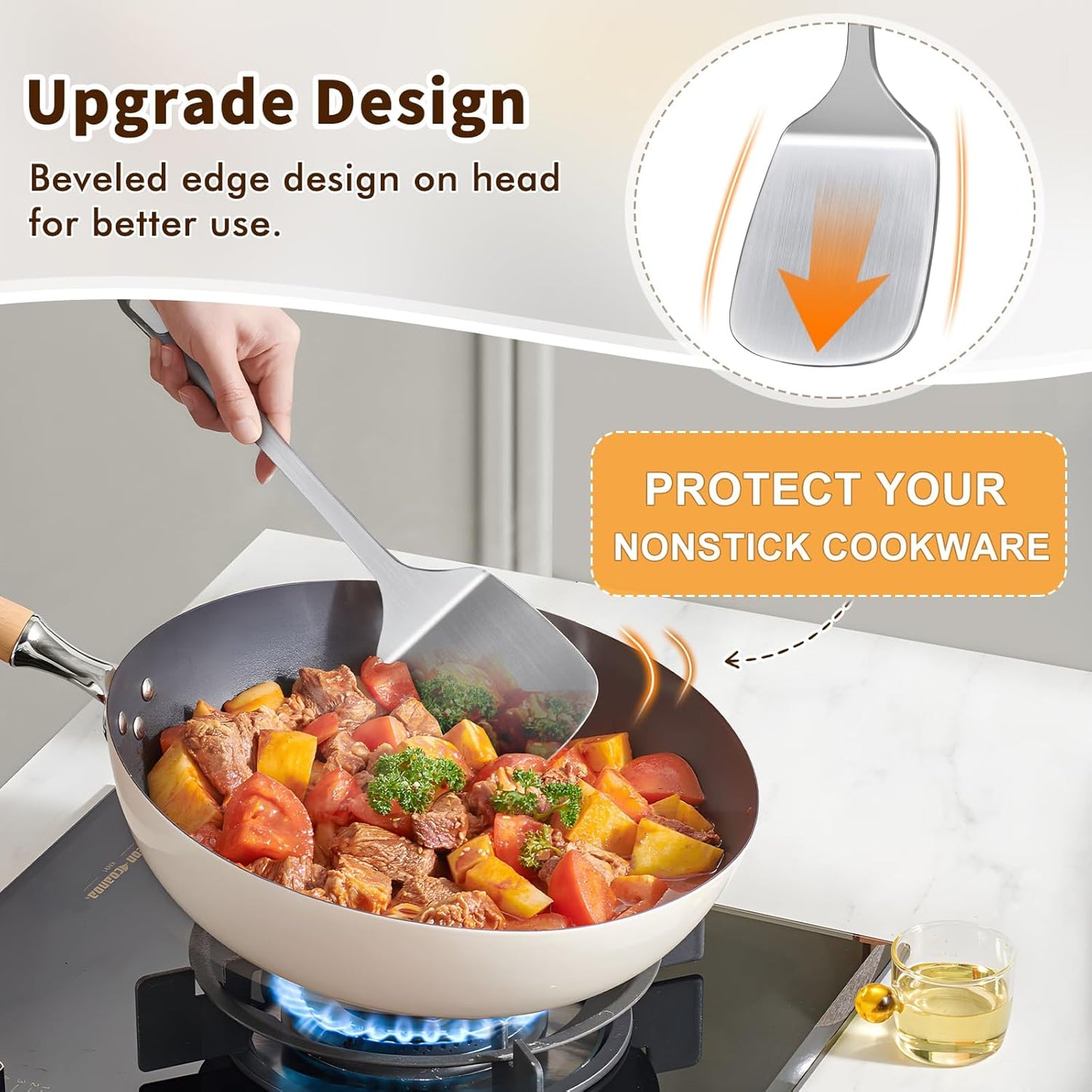 2 Pcs Stainless Steel Spatulas Set, Metal Spatula Solid & Slotted Turner, Heavy Duty Sturdy Spatula for Kitchen Use, High Heat Resistant Cooking Utensils for Fish Eggs Pancakes, Easy to Clean, Silver