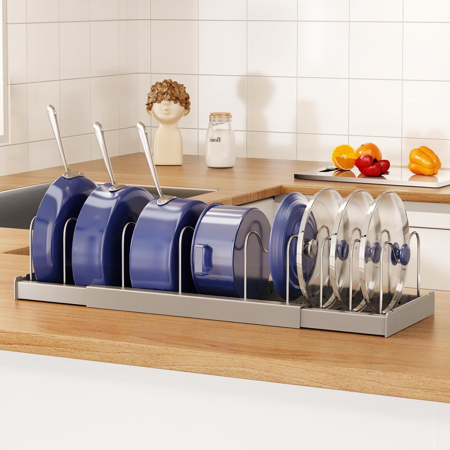 Expandable Food Storage Container Lid Organizers, 22" Pots and Pans Organizer Under Cabinet with 9 Adjustable Dividers Pot and Pan Lid Holders Rack Inside Cabinet(Gray,1 Pack)