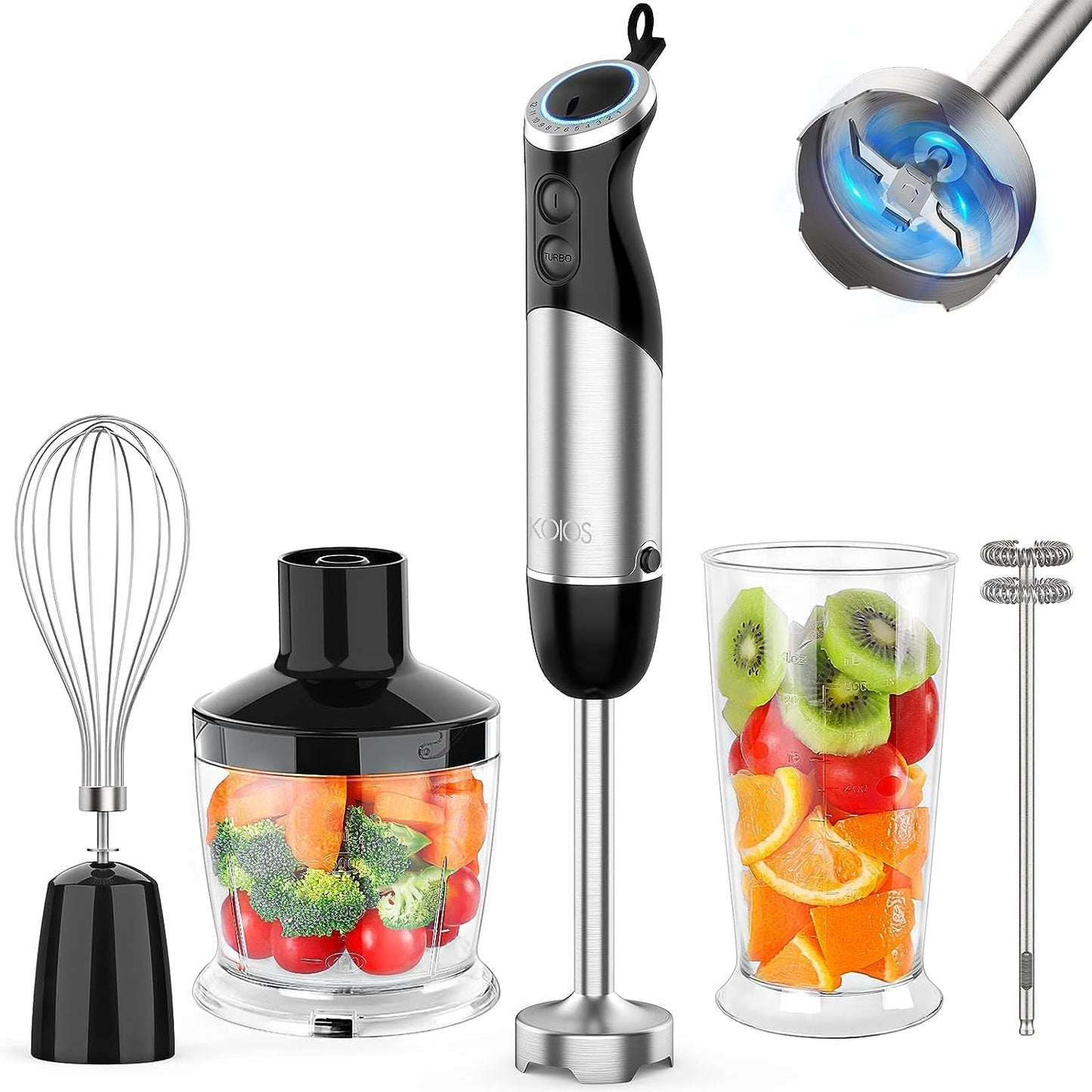 KOIOS Upgraded Immersion Blender Handheld, 1000W 12-Speed 5 in 1 Hand Mixer Stick Blender with 304 Stainless Steel Blade,Food Processor,Beaker,Egg Whisk&Milk Frother,Non-BPA,Smoothies Purée Baby Food