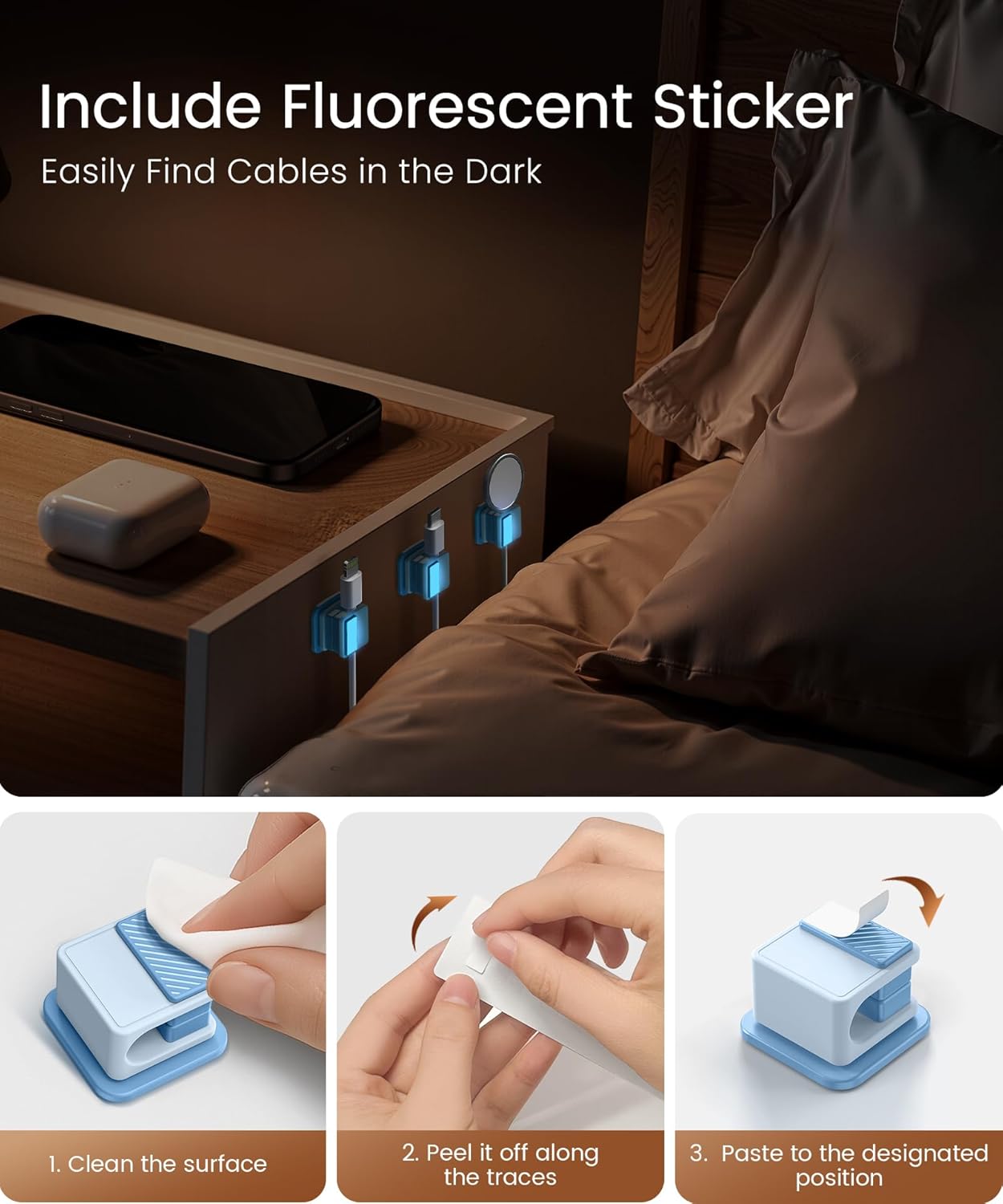 6 Pack Magnetic Cable Clips, Glow in The Dark Cable Holders, GolbinBox Cord Organizer with Shockproof Silicone, Fits up to 8mm Adhesive Cord Clips for Desk, Wall, Nightstand, Car, Home, Office, Blue