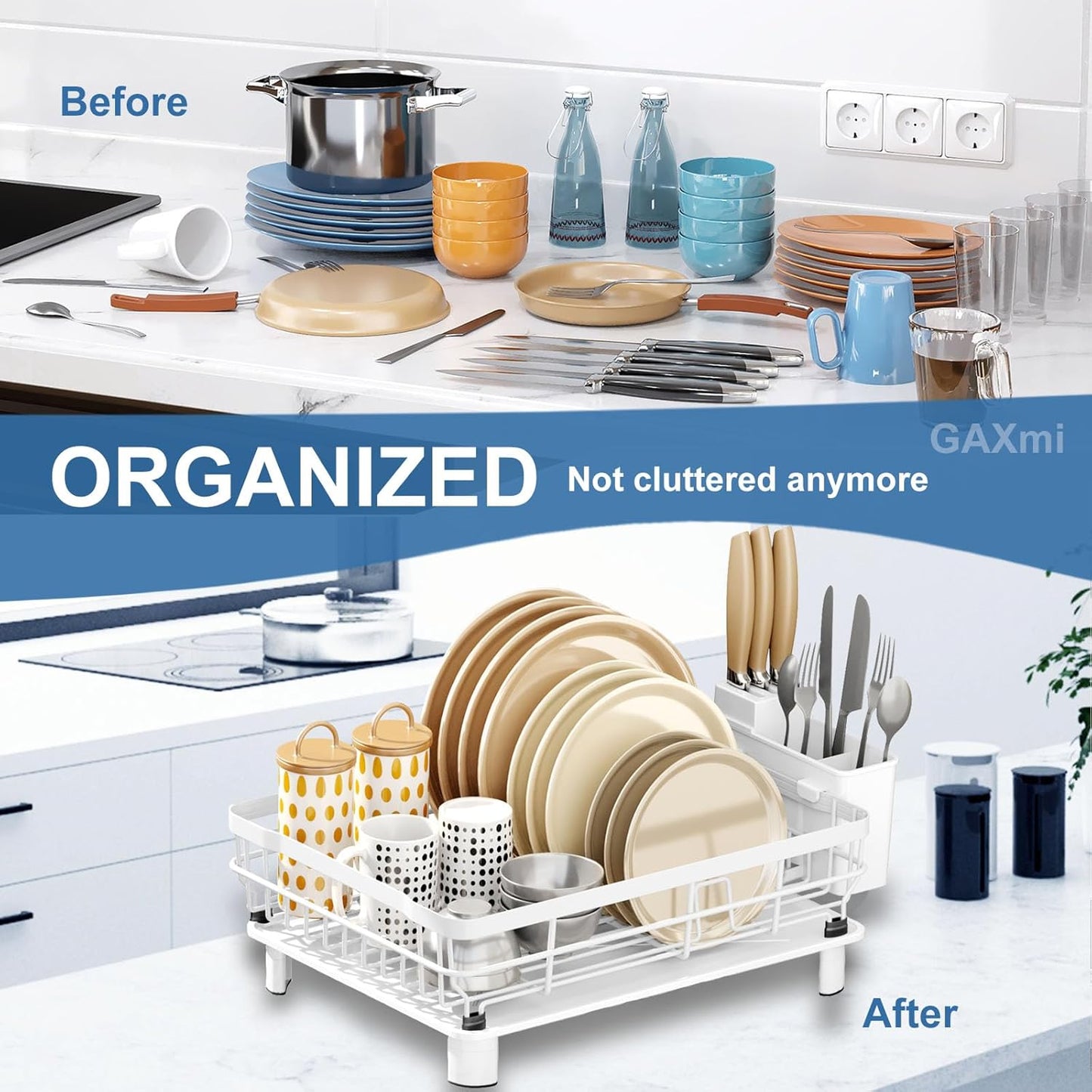 GAXmi Dish Drying Rack Over The Sink Dish Drainer with Drainboard Utensil Holder, 1-Tier White