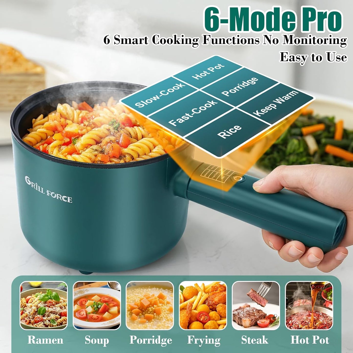 Hot Pot Electric with Steamer,6 Smart Modes, 1.8L Ramen Cooker, Portable Cooker, Non-Stick Frying Pan, Sauté Pan, Electric Pot for Pasta, Egg, Steak, BPA Free, College Dorm Room Essential