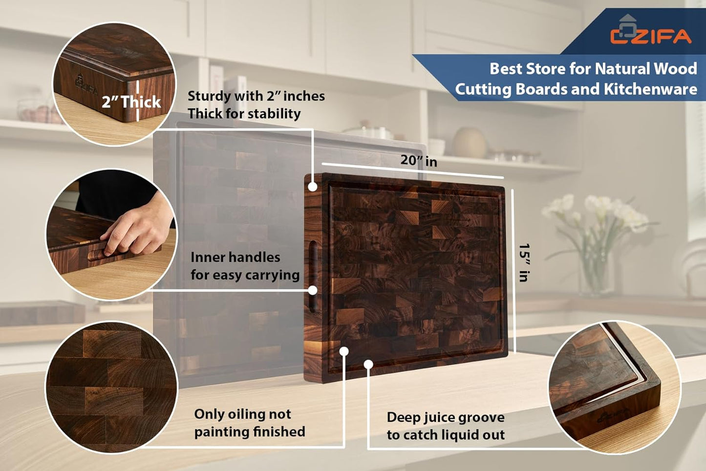 American Black Walnut Wood Cutting Board 20"x15"x2"(Large and Thick) for Kitchen with Juice Groove, Inner Handles, End Grain Butcher Block Finished with Linseed Oil, Beeswax, Lemon Oil, Giftbox
