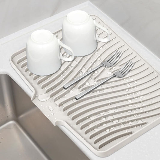 Silicone Dish Drying Mat, Stone Drying Mat for Kitchen Counter with Built-In Drain, Non-Slip Drain Pad with Built-in Drain, Heat Resistant Stone Drying Mat, 1Pcs 19.7" x 17", Cream