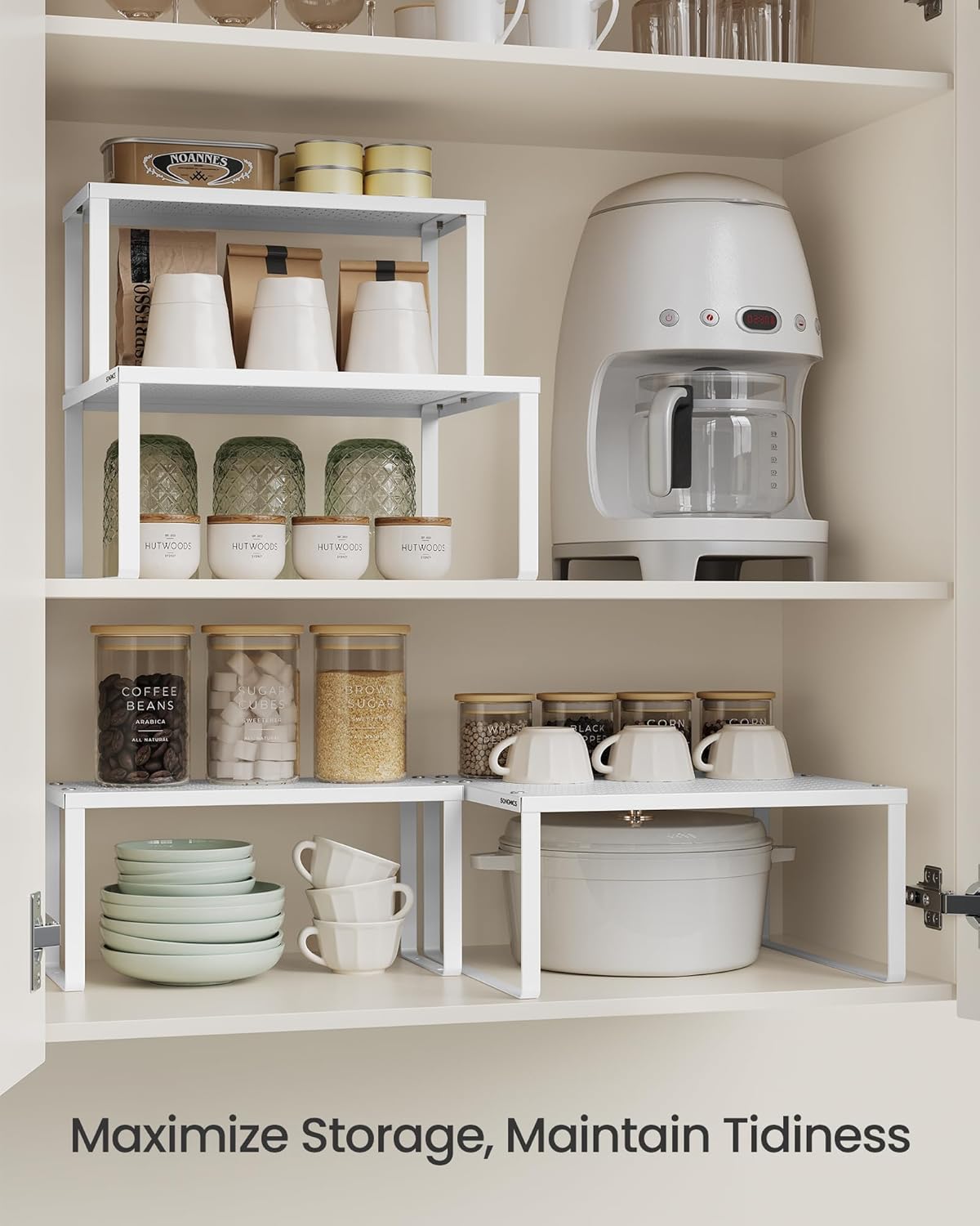 SONGMICS Spice Racks, Set of 2 Metal Cabinet Shelf Organizers, Countertop Organizers, Shelf Risers, Stackable, Expandable, White UKCS005W01