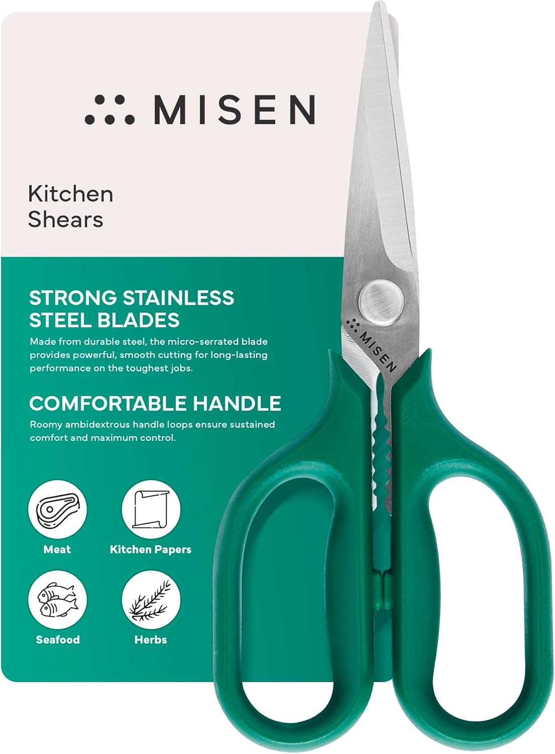 Misen Heavy Duty Kitchen Shears - Comfortable Ambidextrous Scissors for Meat, Poultry, Herbs & More - Easy to Clean - German Stainless Steel - Small | Green