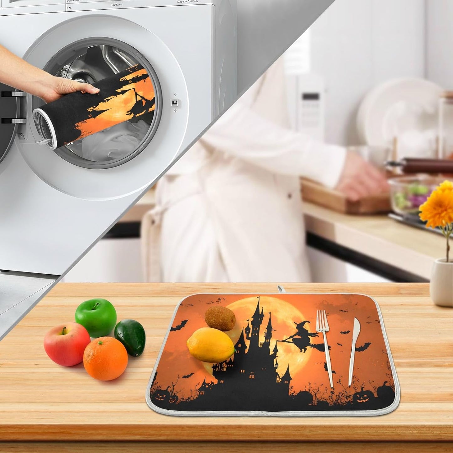 Halloween Witch Bat Castle Pumpkin Dish Drying Mat for Kitchen Counter Absorbent Microfiber Large Drying Pad Dish mats for Kitchen Countertops 18 x 24 Inch