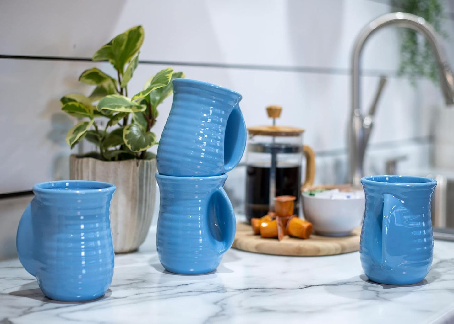 Elanze Designs Ribbed 14 ounce Ceramic Stoneware Handwarmer Mugs Set of 4, Ice Blue