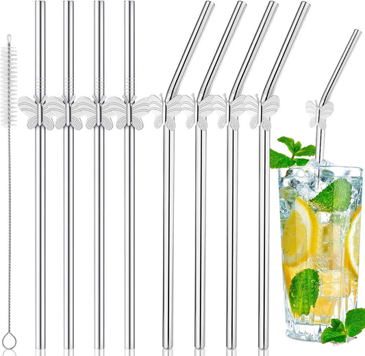 8 Pack 8" Reusable Stainless Steel Metal Straws, 4 Straight + 4 Bent Metal Drinking Straws for Tumblers Beverage Drink with Butterfly Charms and 1 Cleaning Brush