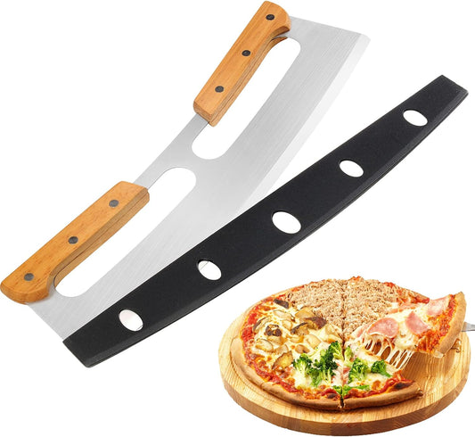Pizza Cutter Rocker with Wooden Handles & Protective Cover by Zocy, 14" Sharp Stainless Steel Pizza Slicer Wheel, Big Pizza Knife Cutters for Kitchen Tool (14inch)