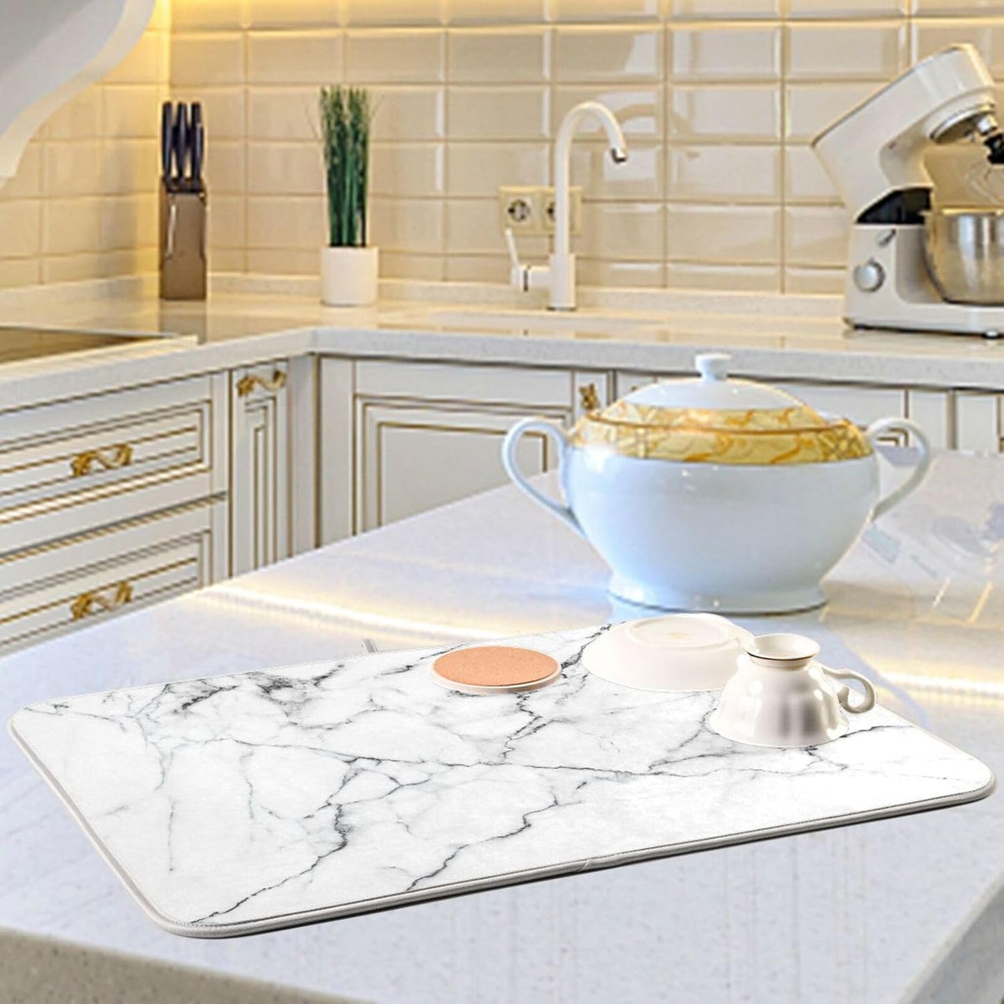 White Grey Marble Dish Drying Mat for Kitchen Counter Absorbent Microfiber Drying Pad, Medium 16x18 in, Reversible Drainer Mats