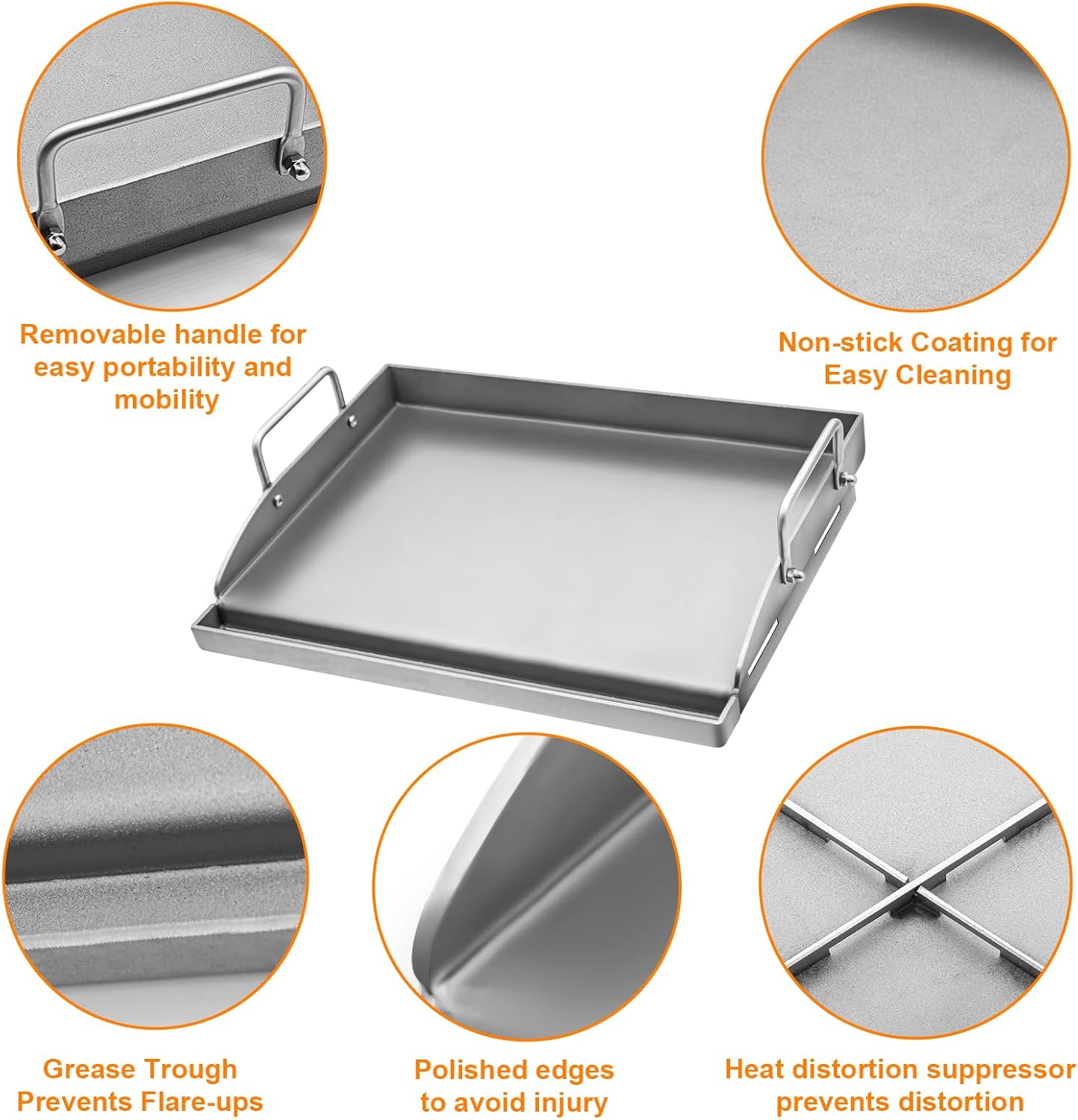 ABYDA Universal Stainless Steel Cooking Griddle, Heavy-Duty 4mm Flat Top Plate Insert with Grease Groove and Removable Handles,Premium Nonstick Coating for Gas/Charcoal/Stove, 17"x13"