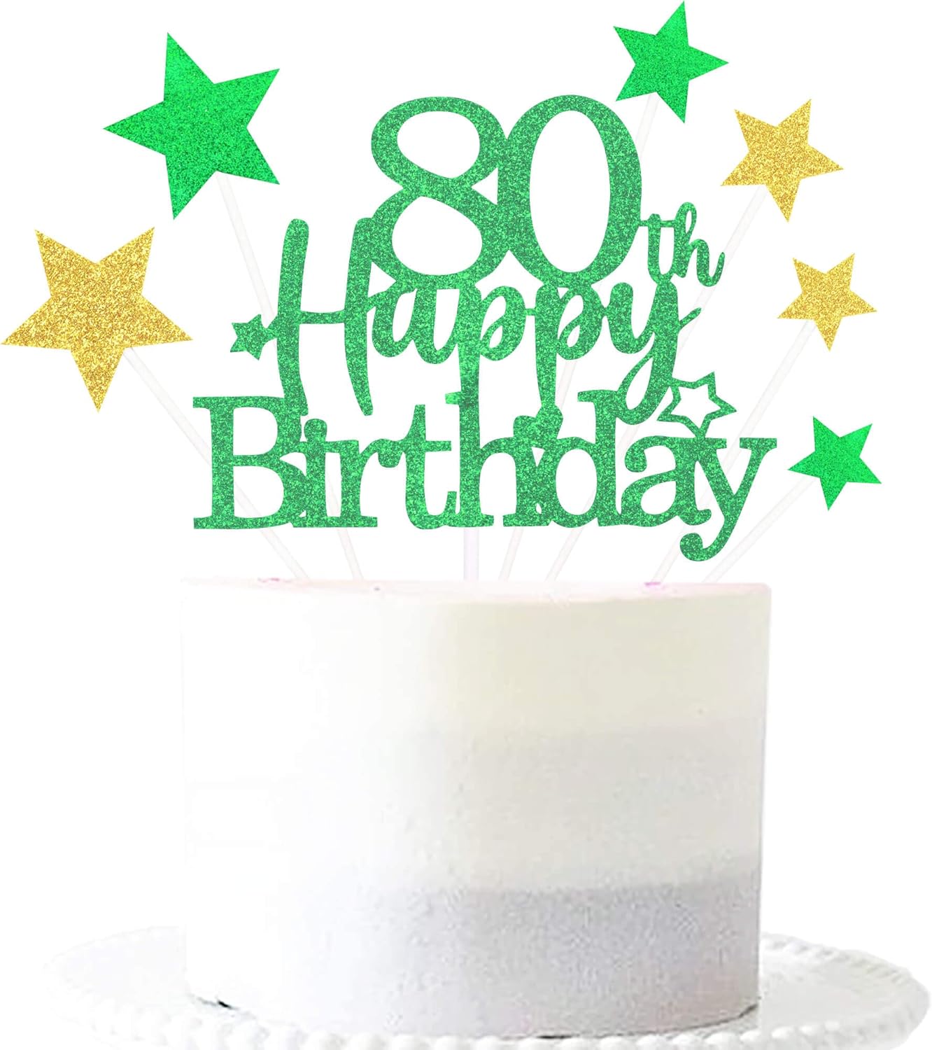 Glittery 80th Happy Birthday Cake Topper with Star,Personalised 80 Birthday Cake Toppers Party Decorations Party Supplies for Boys Girls Green Gold