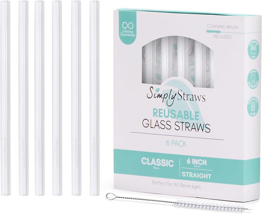 Simply Straws 6 Inch Glass Straws Straight (6-Pack) – Reusable Glass Straws for Low Balls & Stemless Glasses, with Cleaning Brush – Dishwasher Safe, Hot & Cold Use, BPA-Free (Air)