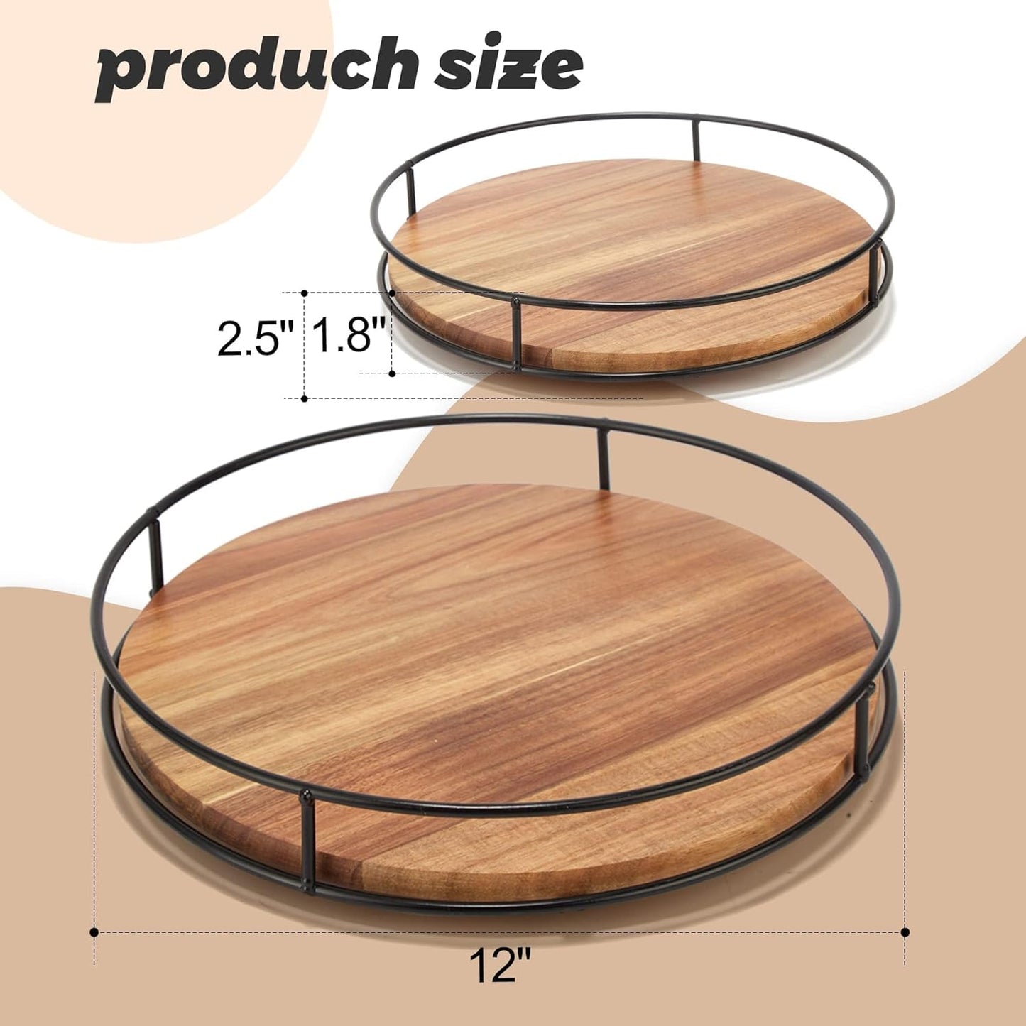 12" Acacia Wood Lazy Susan Turntable, Tomoaza Kitchen Organizer Turntable with Steel Sides, 360 Degree Lazy Susan for Countertop Cabinet or Dining Table(Black)