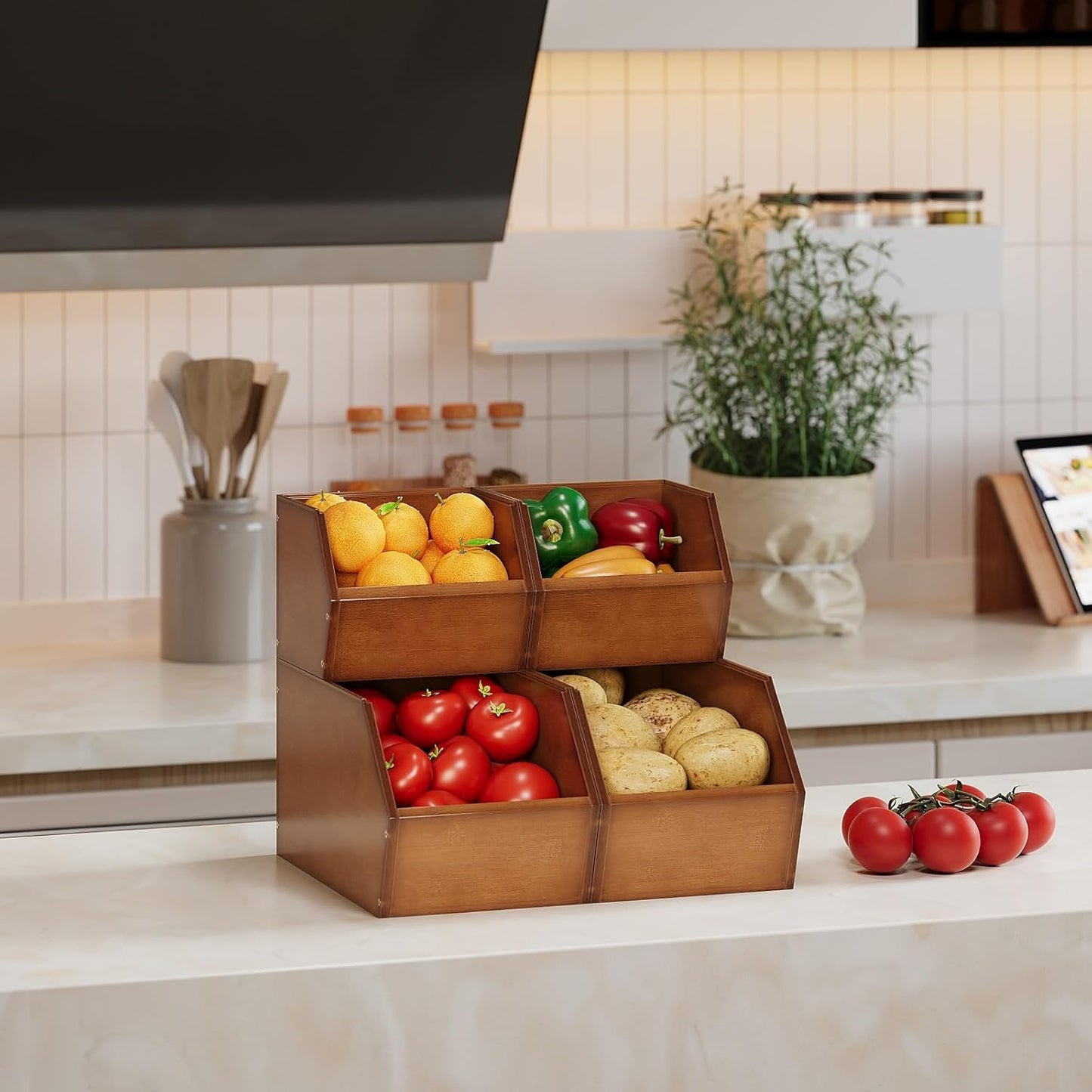 2 Set Bamboo Pantry Storage Bins Wood Stackable Baskets Potato and Onion Storage Bins Fruits Vegetable Bread Organization for Kitchen Counter