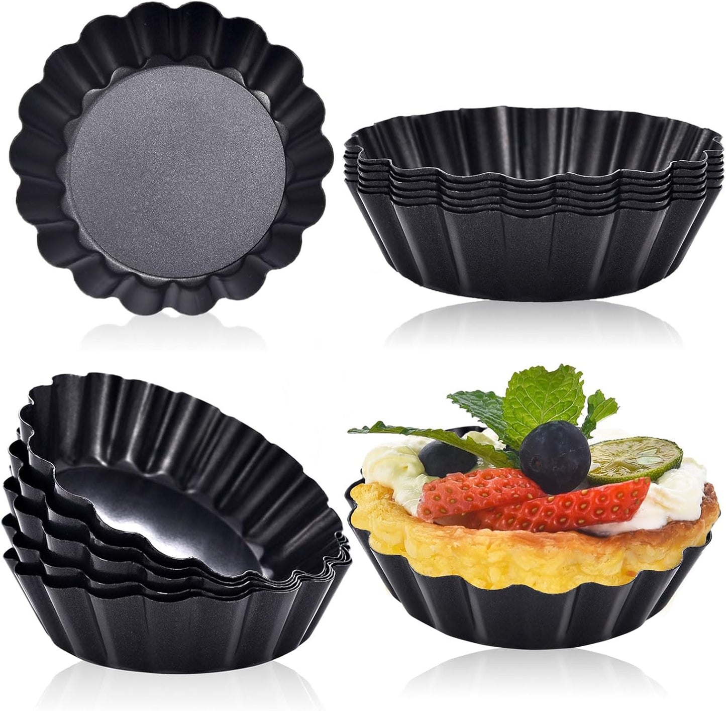 DATANYA 24Packs Mini Tart Pans 3 Inch with Removable Botttom, Carbon Steel Fluted Tart Tin Shell Mold Round Nonstick 3'' Quiche Pans for Pies, Mousse Cakes, Dessert Baking