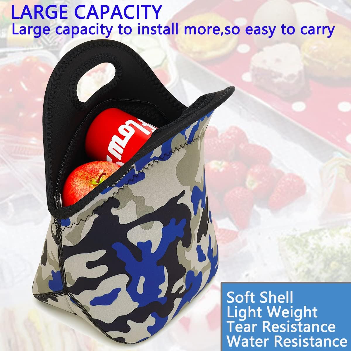 FlowFly Neoprene kids Lunch box Insulated Soft Bag Mini Cooler Thermal Meal Tote Kit for Boys, Girls,Men,Women,School,Work, Office, Blue Camo