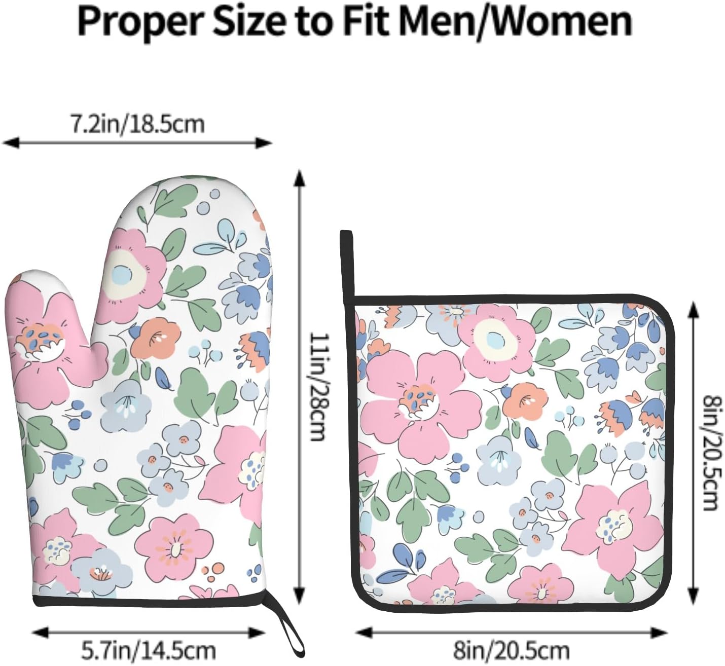 Pink Floral Oven Mitts and Pot Holder Set of 2 Watercolor Flower Heat Resistant BBQ Gloves Hot Pads for Kitchen Baking Cooking Microwave