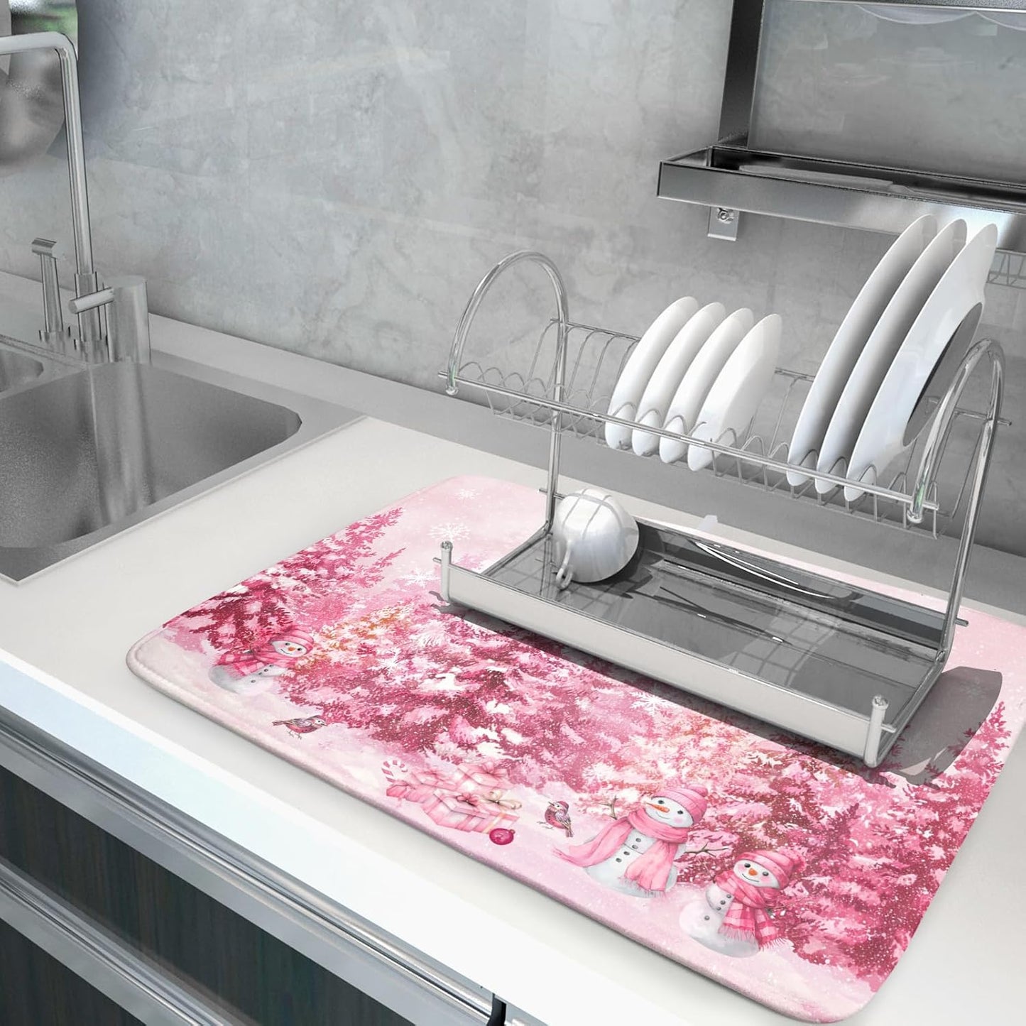 Pink Forest Dish Drying Mat Snowman Washable Drying Matt Kitchen Counter Absorbent Coffee Mat for Winter Home Decor