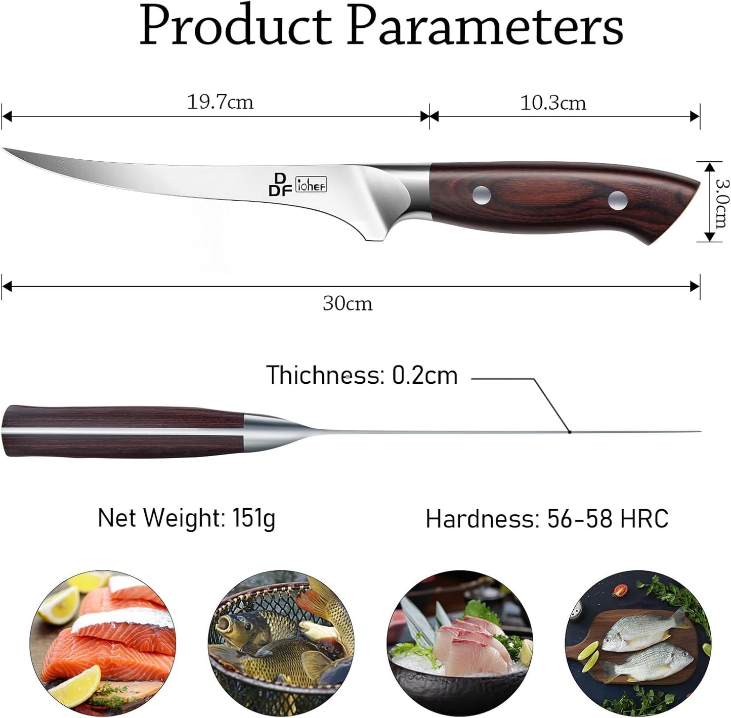 DDF iohEF Fillet Knife 7 Inch Professional Boning Knife High Carbon Japanese Stainless Steel Fish Knife with Full Tang Ergonomic Handle for Meat Cutting Trimming