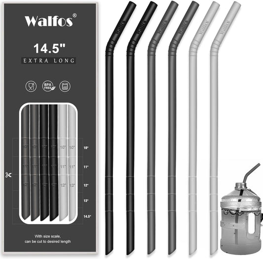 WALFOS Extra Long Reusable Silicone Straws 14.5 inch, Big Sizes Flexible Bendy Straws for 1/Half Gallon Large Water Bottles, 128 75 64 40 OZ Tumbler with Cleaning Brush (6-Pack)