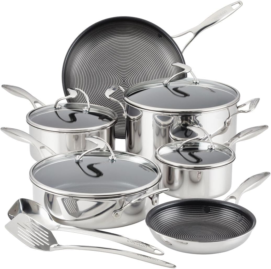 Circulon Clad Stainless Steel Cookware Pots and Pans and Utensil Set with Hybrid SteelShield and Nonstick Technology, 12 Piece - Silver