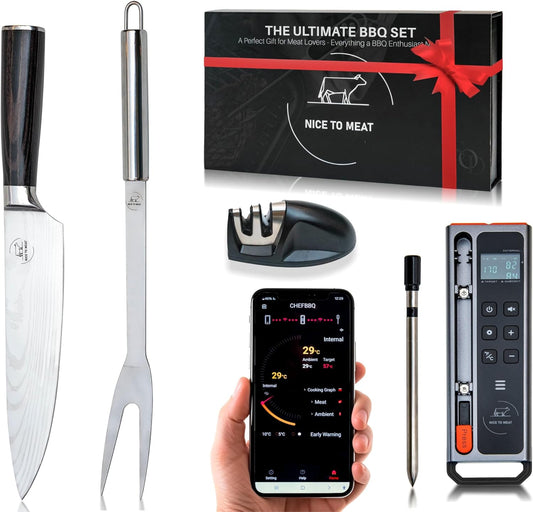 WiFi and Bluetooth Meat Thermometer Digital Wireless BBQ Set - Long Range Connection with Chef Knife, Fork, Meats Temperature Probe,Meat Thermometer Grilling, Smoking Cooking, BBQ Gift for Men