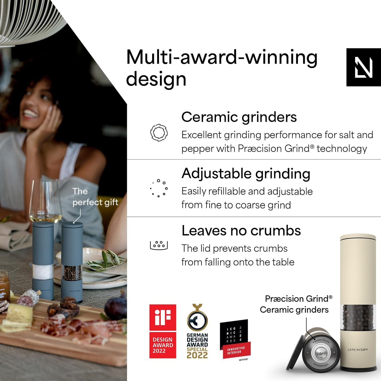 LARS NYSØM Salt and Pepper Grinder Set Manual, Stainless Steel Salt and Pepper Mills with Adjustable Ceramic Grinder I Design Spice Shakers (Brown/Beige)