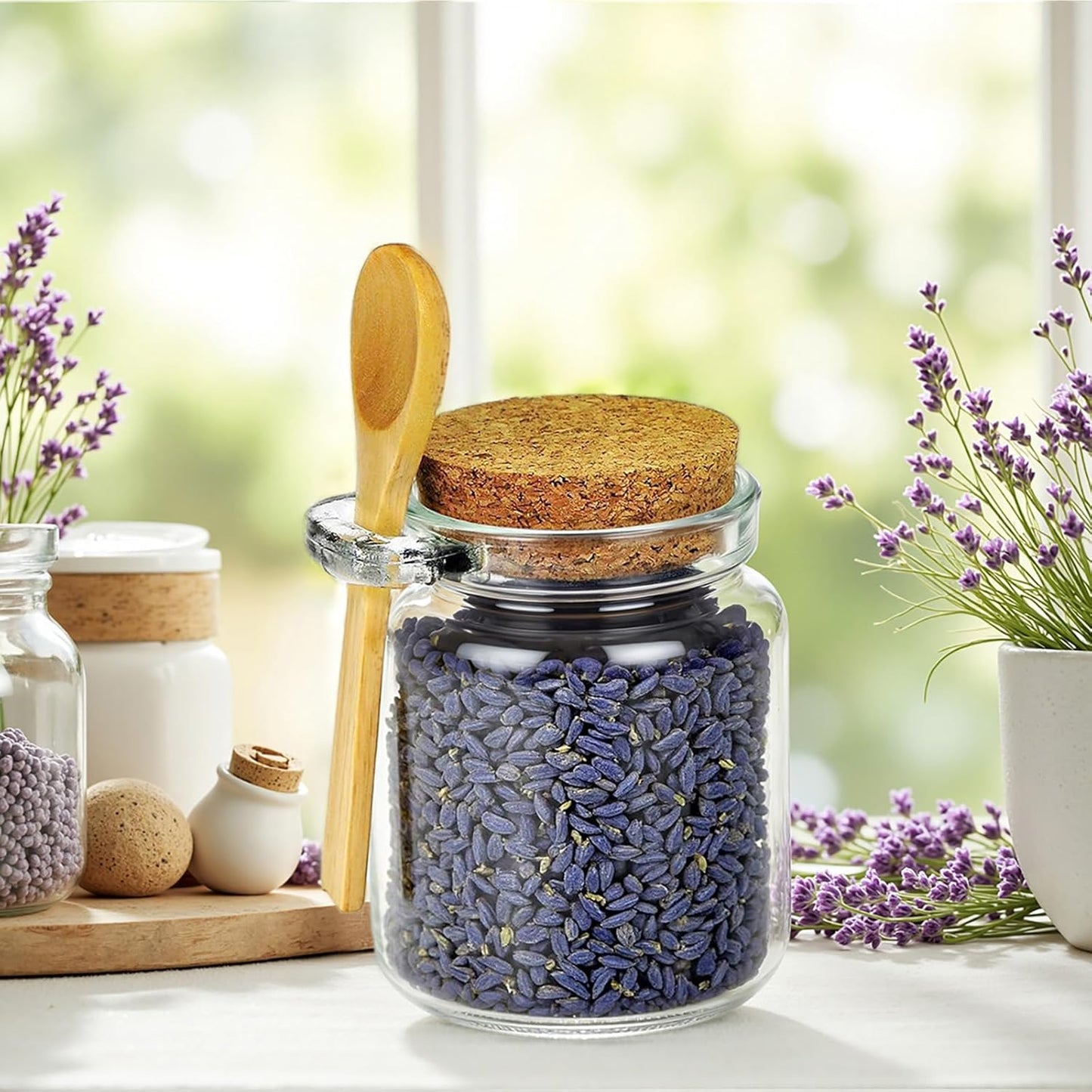 Ahhute Glass Sugar Scrubs Jars, Bath Salt Container, Canning Spice Jar with Bamboo Spoon, Honey Scrubs Body Butter Jars w/Cork, Labels and Cleaning Brush, 8oz 24 Pack