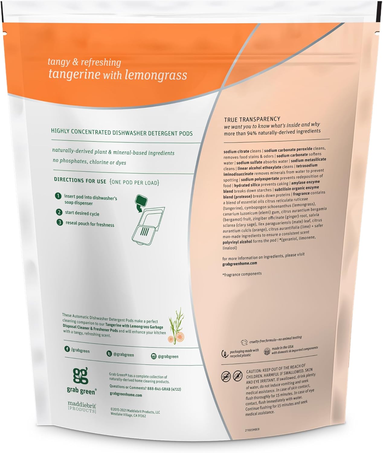 Grab Green Automatic Dishwashing Detergent Pods, 60 Count, Tangerine Lemongrass Scent, Plant and Mineral Based, Superior Cleaning, Powerful Grease Removal, Brilliant Shine