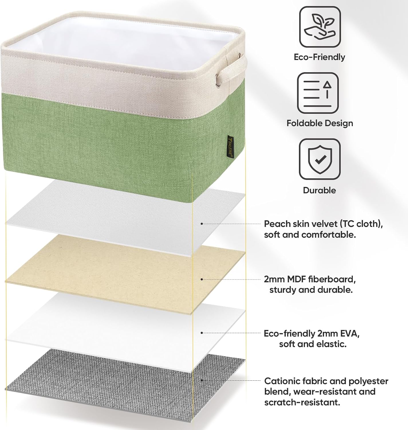 BALEINE 3 Pack Fabric Storage Bins for Shelves, Linen Storage Baskets for Organizing, Decorative Closet Bins for Clothes, Home (Green, 12"x8"x8")