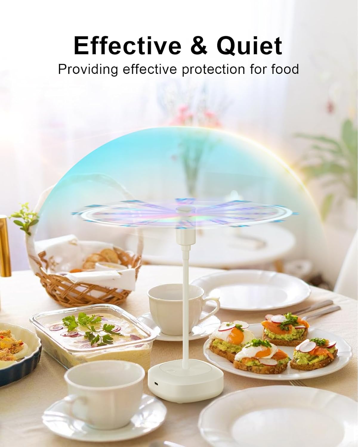 4 Pack Food Table Fan, 2000mAh USB Powered Rechargeable Food Fan, Portable Fan with Flexible Goose-Neck and Soft Blades for BBQ, Patio, Party (Beige)