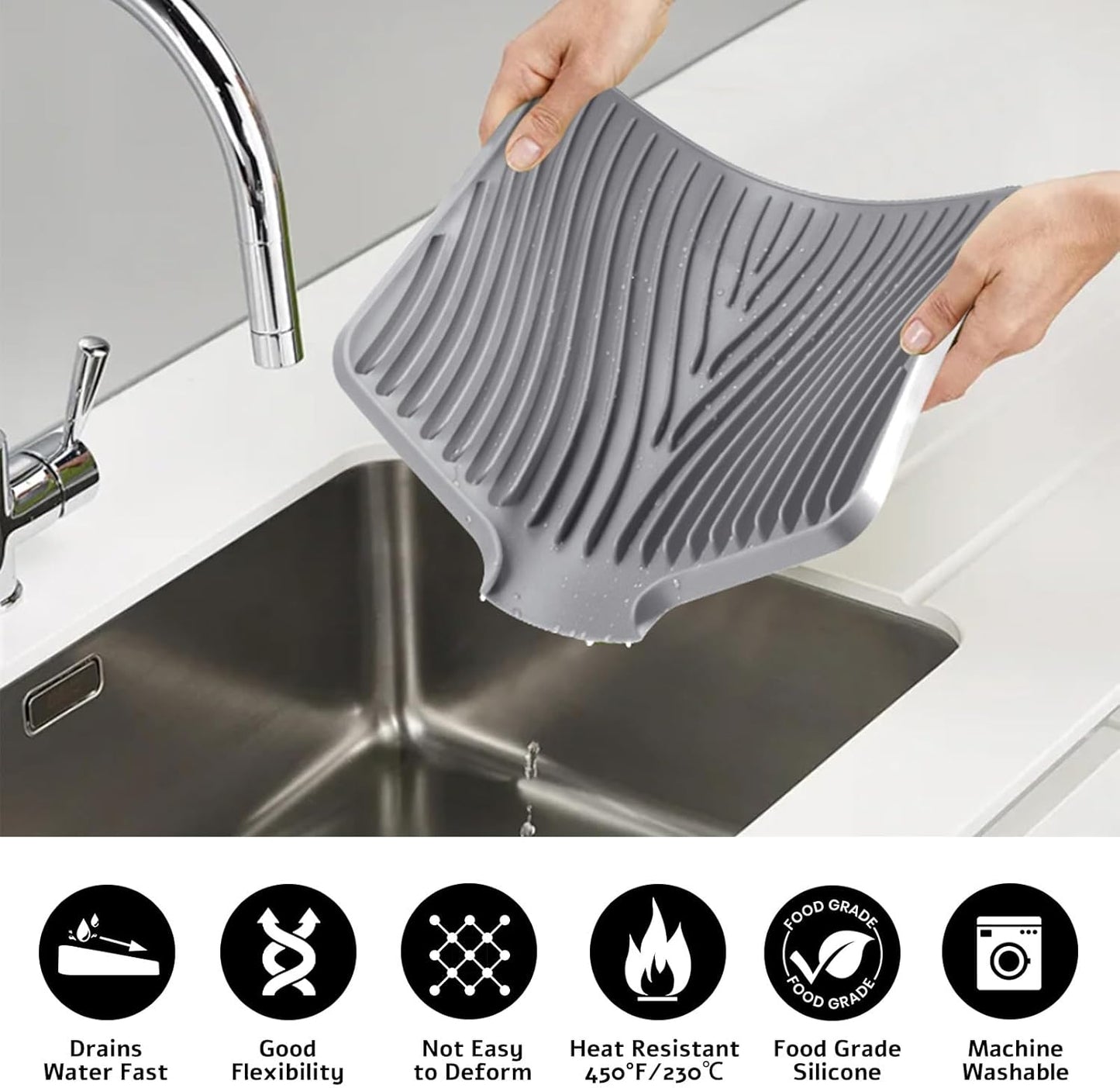 Silicone Dish Drying Mat, Stone Drying Mat for Kitchen Counter with Built-in Drain, Non-Slip 15.8" X 13" Drying Matt Kitchen Counter and Grey Microfiber Cleaning Cloth, Cleaning Rags Set(Grey)