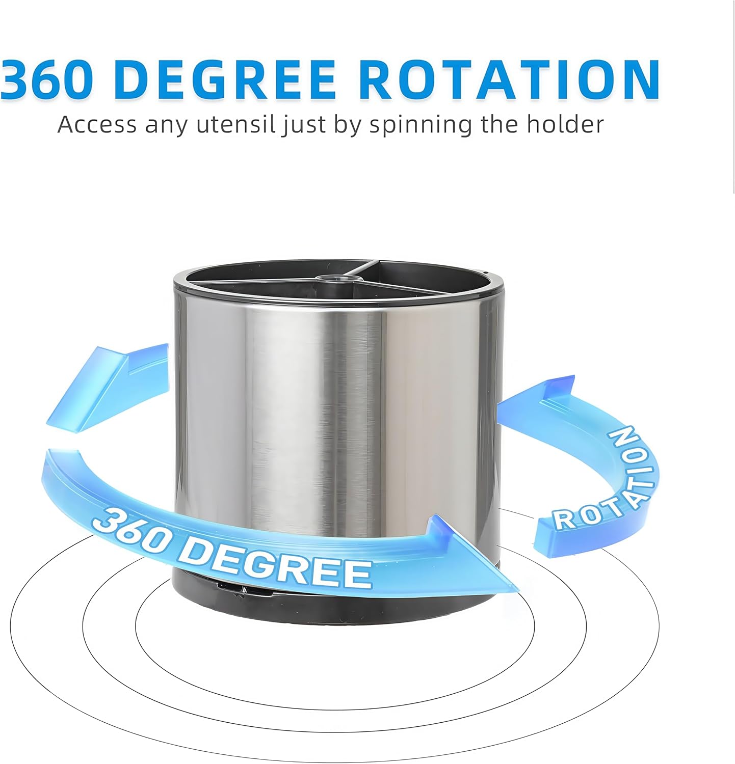 Kitchen Utensil Holder Silverware Organizer 360°Rotating For Counter Organizer Stainless Steel Storage Silverware Caddy 3 Compartment Flatware Spoon Spatula Tool Cutlery Container（Silvery）