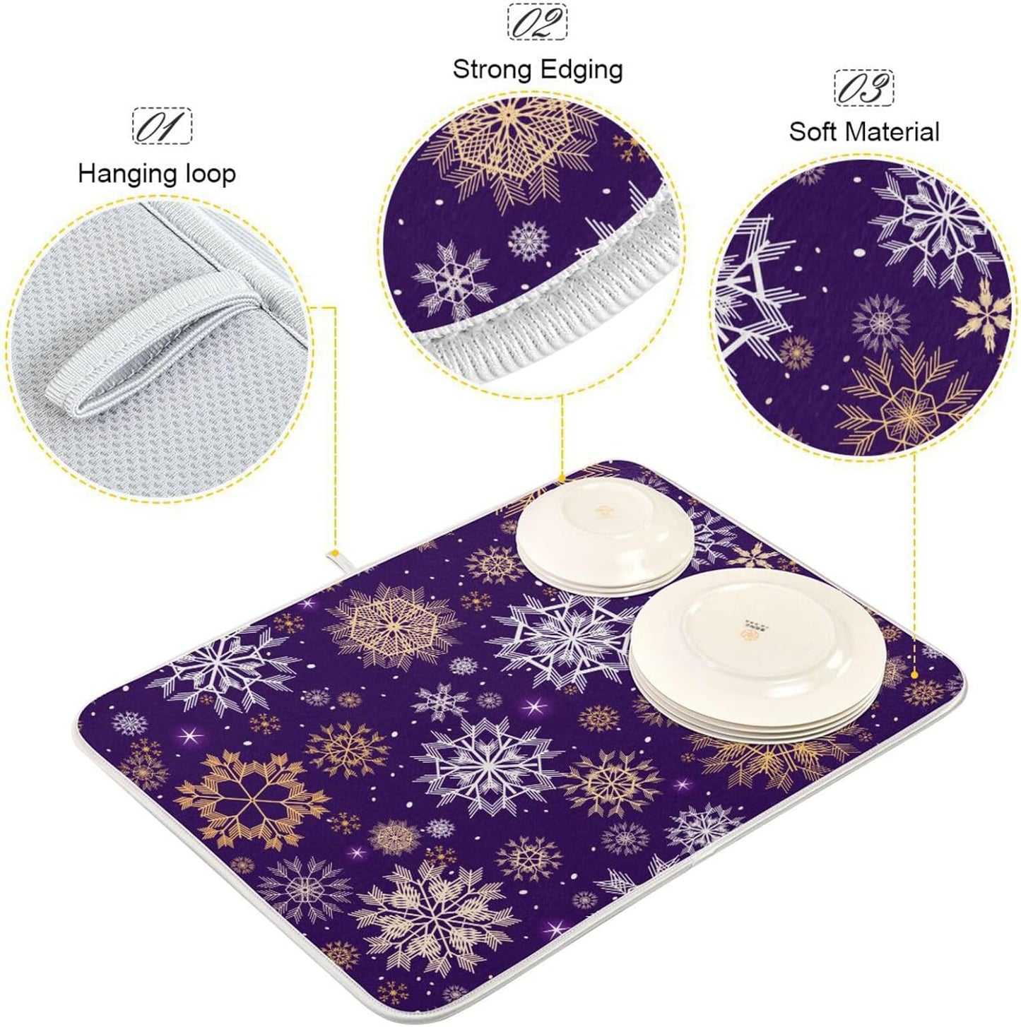 Christmas Purple Gold Snowflakes Dish Drying Mat for Kitchen Counter Absorbent Microfiber Drying Pad, Large 18x24 in, Reversible Drainer Mats