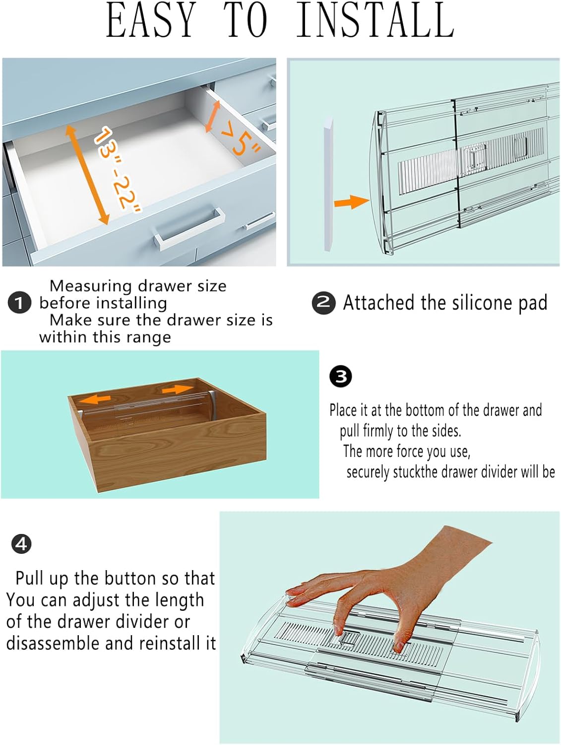 8 Pack Adjustable Drawer Dividers for Clothes,5" High Expandable From 13-22" Clear Drawer Organizers, PC Plastic Separators for Dresser/Bedroom/Bathroom/Kitchen/Office Storage
