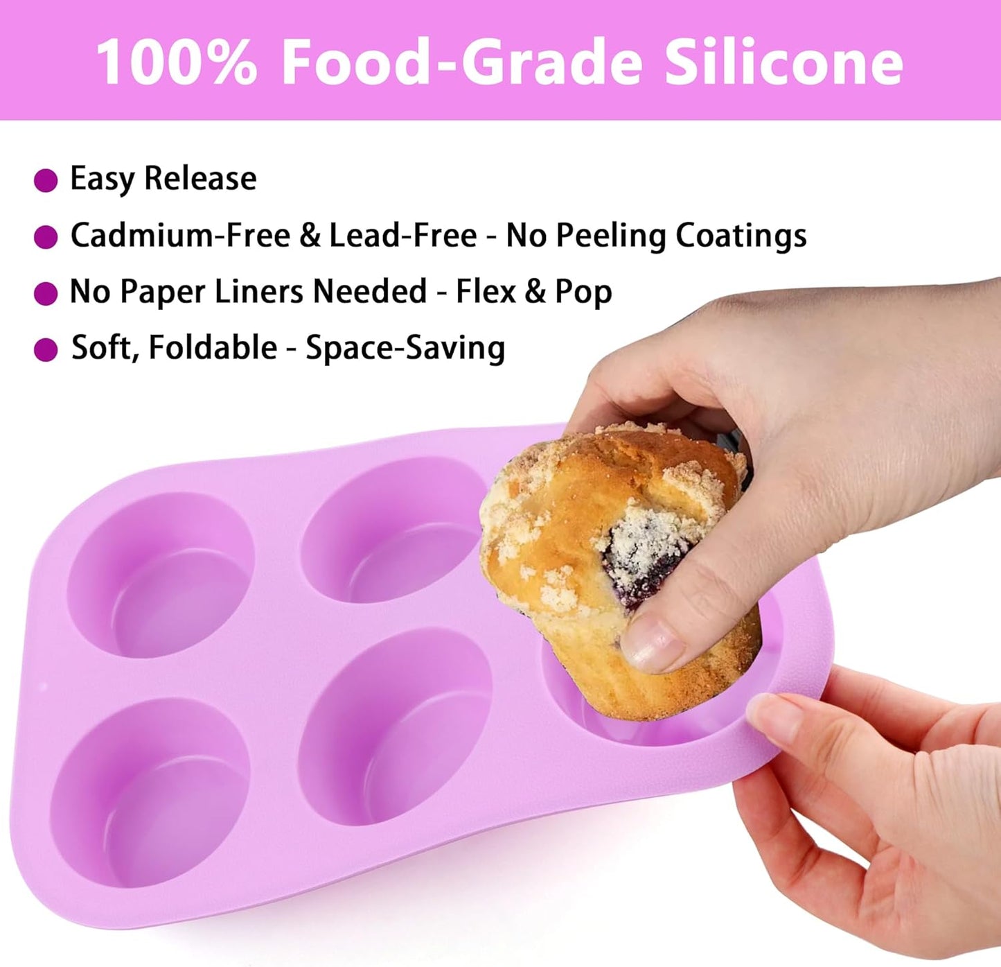 3-Pack 6-Cup Silicone Muffin Pans, Nonstick Cupcake Baking Molds, BPA/PFA-Free, Dishwasher & Oven Safe - Purple