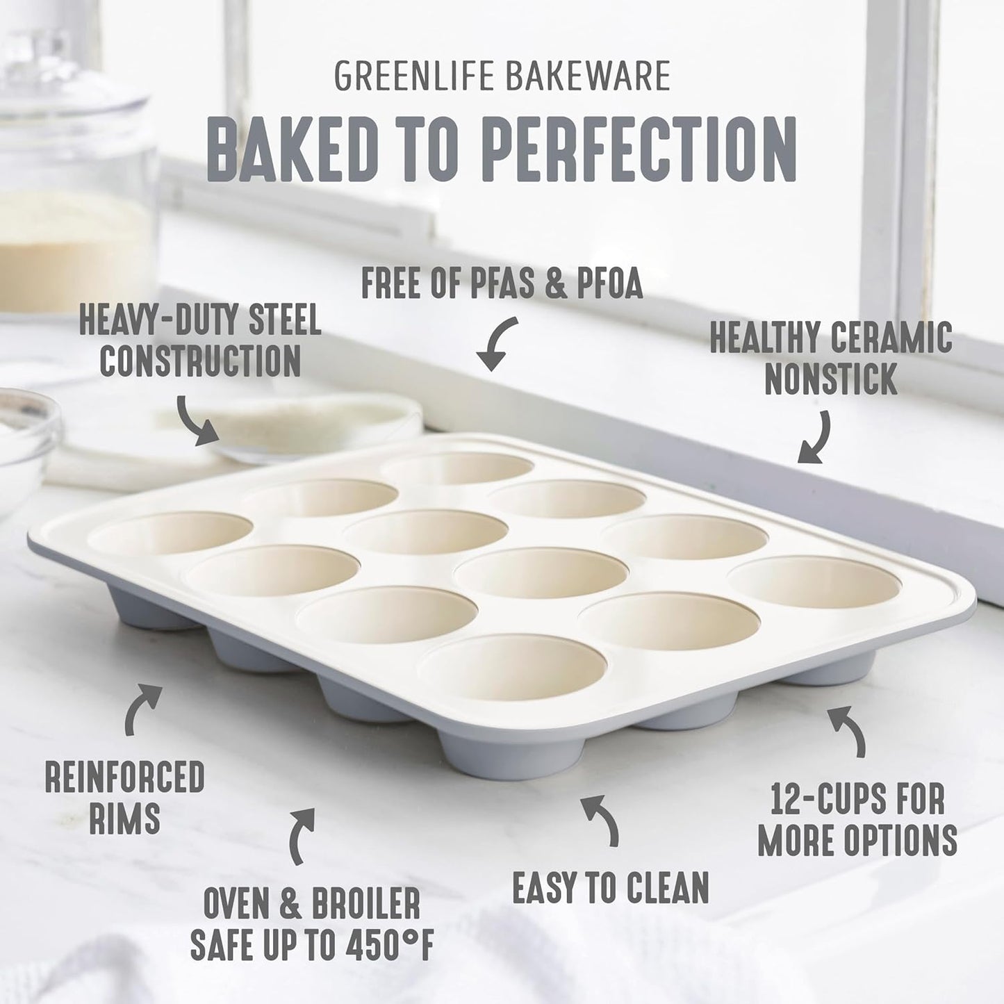 GreenLife 12-Cup Muffin Pan, Healthy Ceramic Nonstick Bakeware, PFOA & PFAS-Free Cupcake Sheet, Durable Baking Tray, Versatile Kitchen Essentials, Easy Clean Muffin Mold, Nonstick Baking Pan, Gray