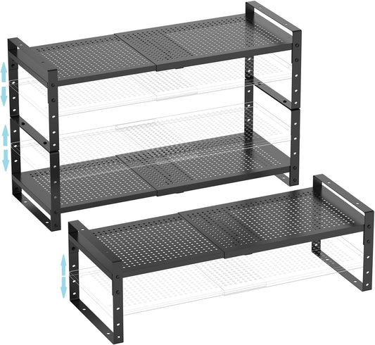 Expandable Shoe Rack Stackable Metal Pantry Storage Shelves Stand Adjustable Height Cabinet Shelf Organizer Racks Spice Shelving(3PACKS/BLACK,MEDIUM)