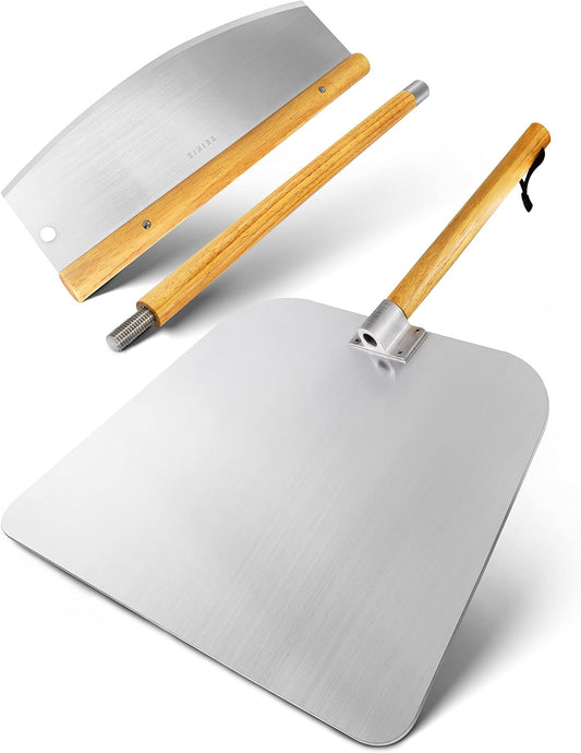 Pizza Cutter Rocker Style & Pizza Peel Set - 14" Large Pizza Metal Slicer Sharp Knife Blade Chopper with 14" x 16" Heavy Duty Pizza Paddle Board Pan with Wood Handle - Premium Oven Baking Accessories