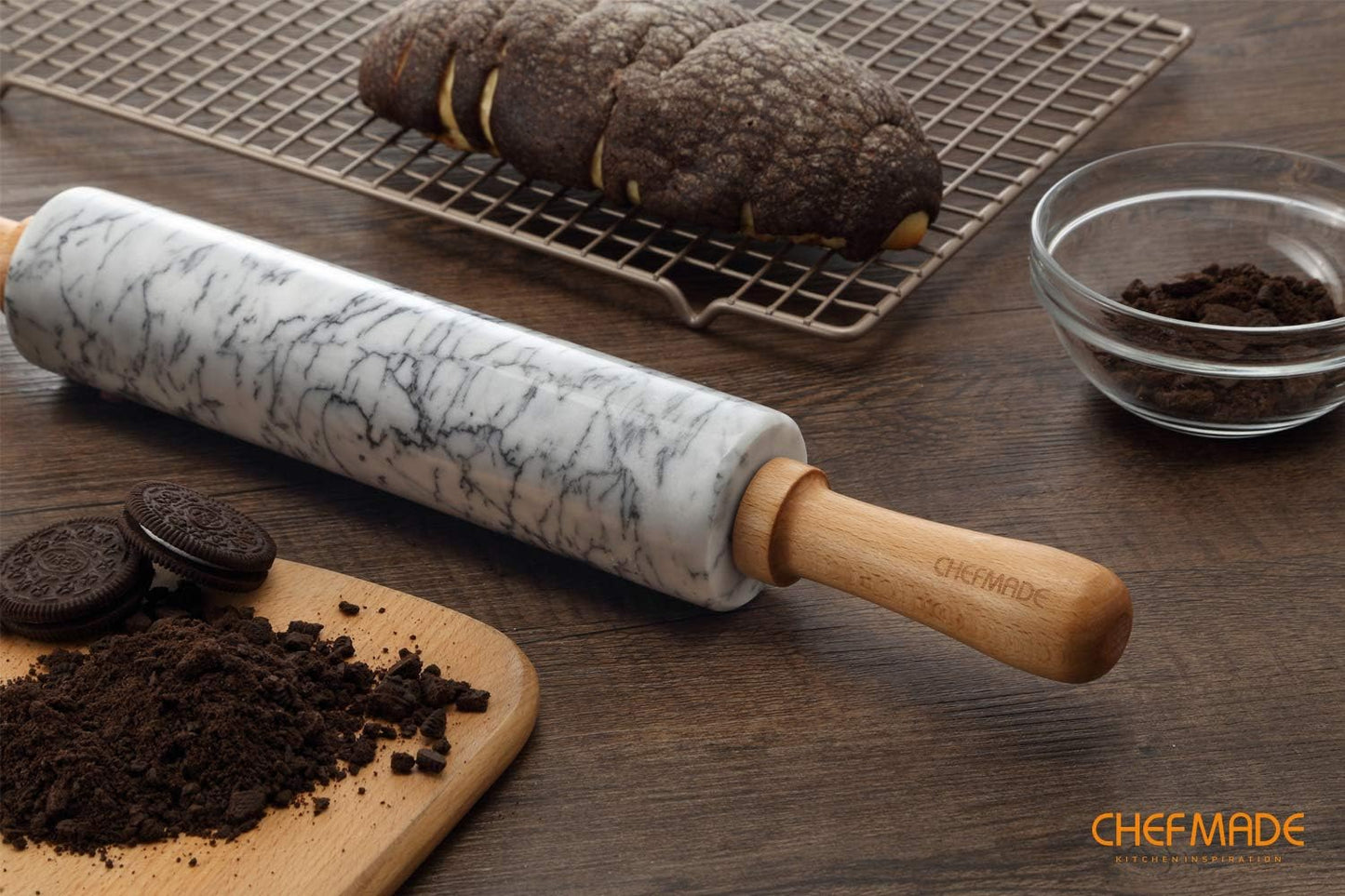 CHEFMADE 18-Inch Marble Rolling Pin with Wooden Handles and Cradle, Non-Stick (Gray and White)