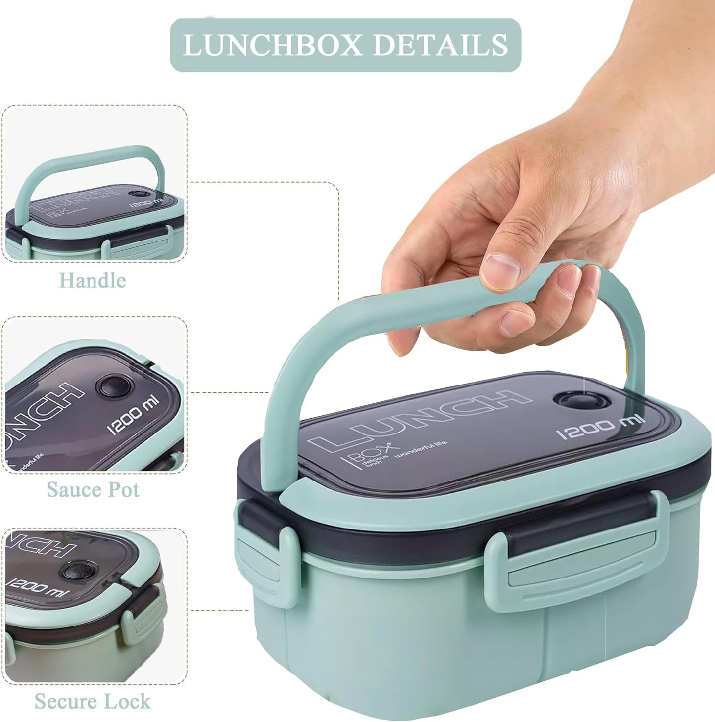 Bento Box Adult, Lunch Box for Men and Women, 1200ML Leak-proof Double-layered with Handle Lunchbox, Reusable BPA-Free Lunch Container, Microwave/Dishwasher Safe, Snack Box with Cutlery Set, Green