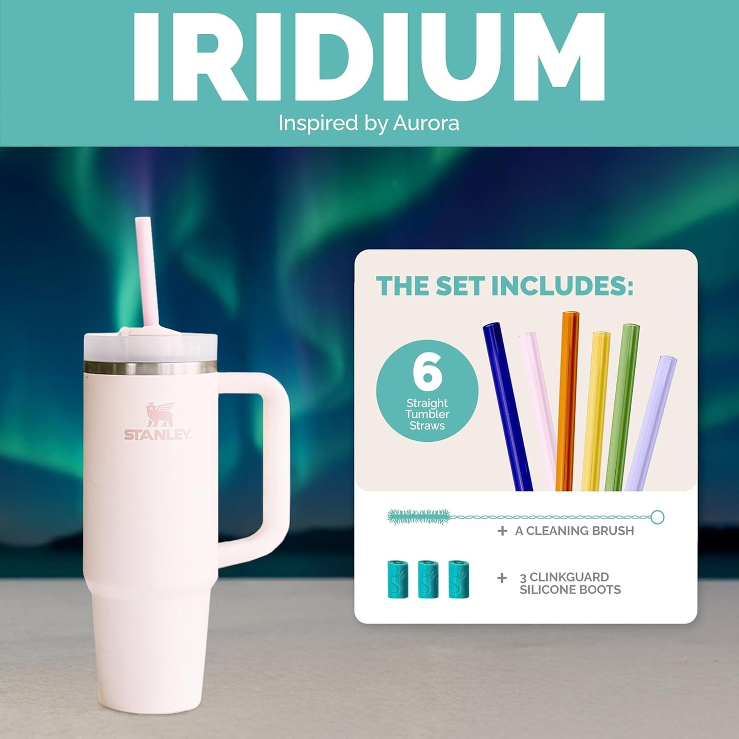 Simply Straws 12 Inch Glass Straws Straight (6-Pack) – Reusable Glass Straws for Stanley 40 Oz Tumbler, with Cleaning Brush – Durable, Dishwasher Safe, Hot & Cold Use, BPA-Free (Iridium)