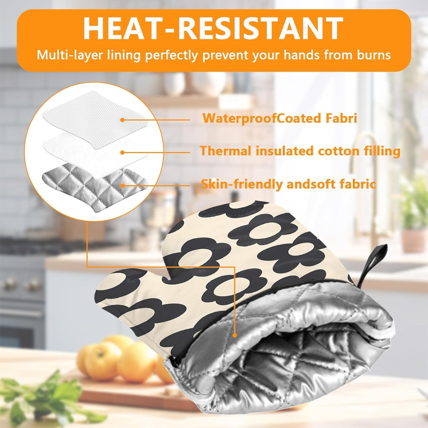 Daisy Flowers Oven Mitts and Pot Holders Sets 4Pcs,Extra Long Oven Gloves Potholder for Kitchen Cooking Baking BBQ 100% Cotton Heat Resistant