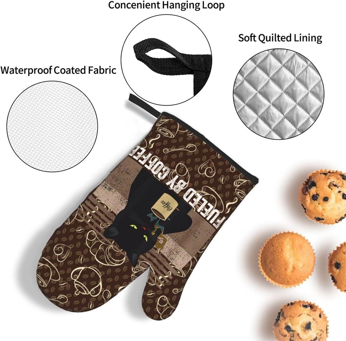 Vintage Cat Oven Mitts and Pot Holders Sets of 3 Retro Coffee Hot Pads Oven Gloves Heat Resistant Non Slip Washable for Kitchen Cooking Grilling Baking