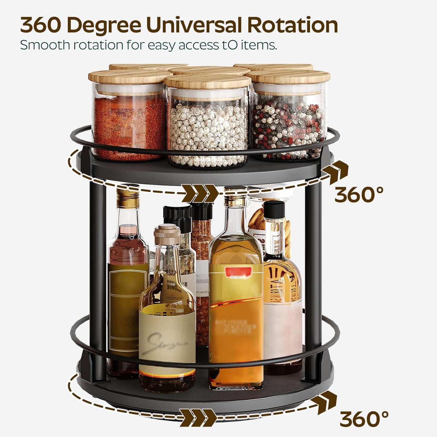 Lazy Susan Organizer, Rotating Spice Rack, 2 Tier Spice Turntable Organizer, Industrial Turntable Spice Holder, for Kitchen Countertop and Cabinet, Compact and Versatile, Black SR22BK